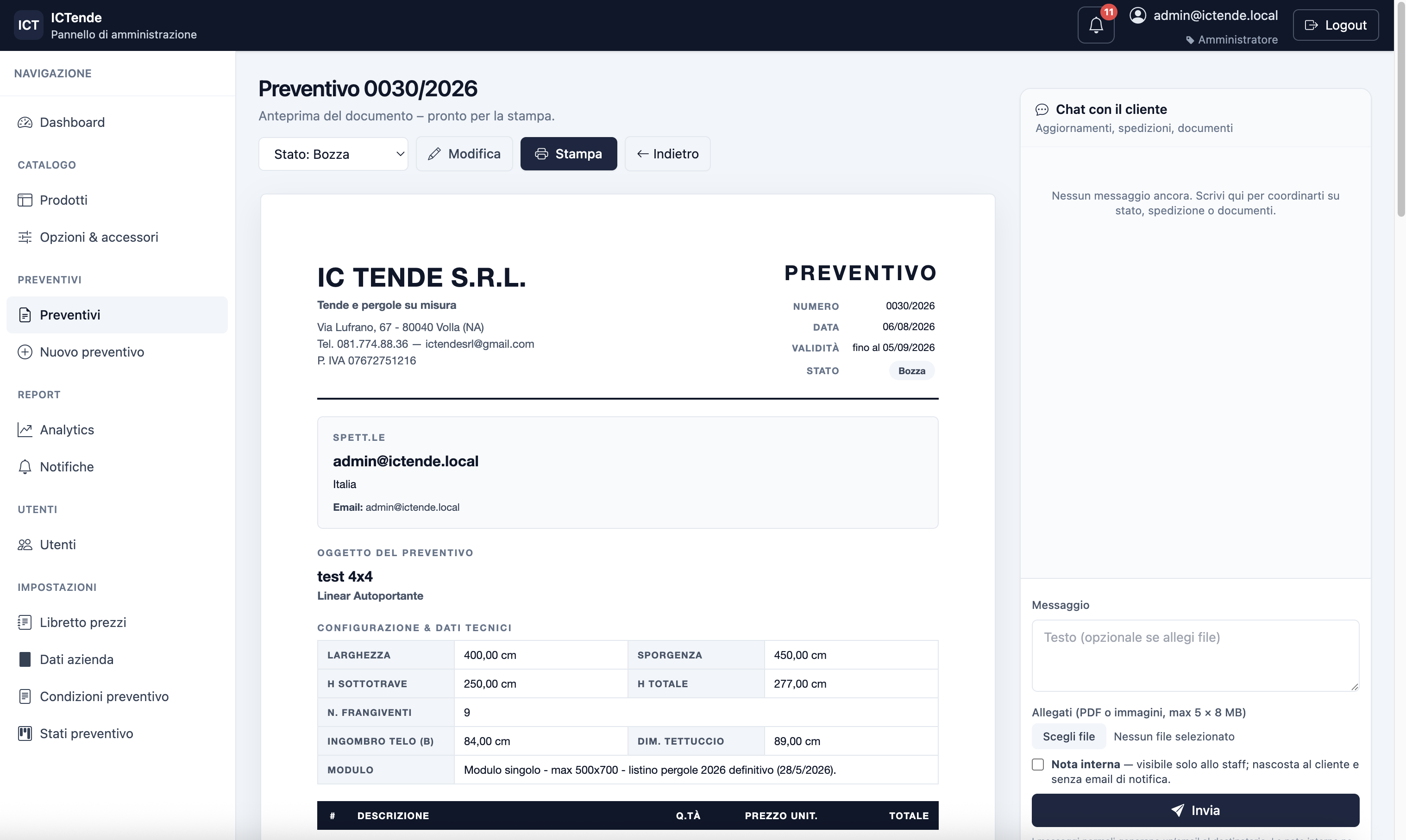 Documento preventivo e chat cliente ICTende.