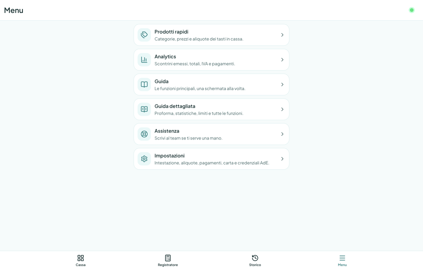 Menu di Pronto Scontrino con prodotti rapidi, analytics, guide, assistenza e impostazioni.