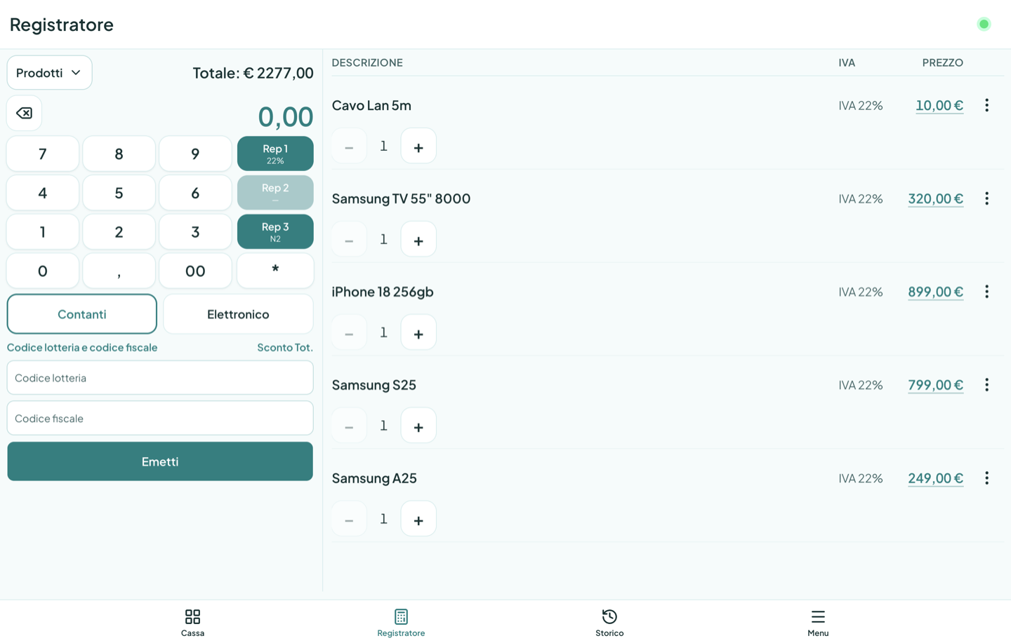 Registratore Pronto Scontrino con tastierino numerico, reparti per aliquota e tabella descrizioni con IVA e prezzo.
