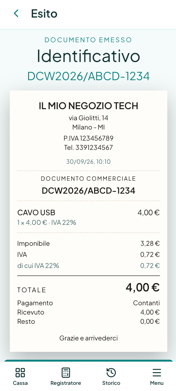 Esito del documento emesso: identificativo, dati del negozio, righe, imponibile, IVA, totale e resto.
