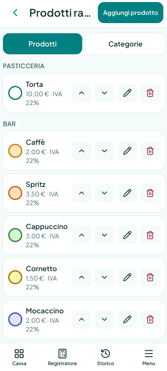 Catalogo prodotti e categorie Pronto Scontrino con prezzi IVA inclusa e aliquota dei tasti.