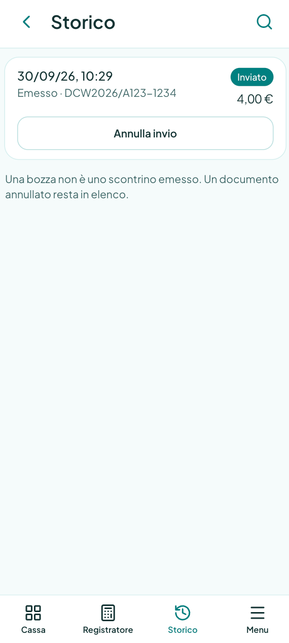 Storico Pronto Scontrino: scontrini inviati, annullati e proforma con filtri e riepilogo.